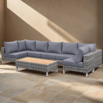 St Lawrence Range Large U-Shape modular Corner Sofa in Round Grey Rattan with Cushions and Teak Wood Table Top(#GG20)